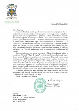 Lettera con cui l'arcivescovo Nosiglia proclama l'Arsenale Casa di Maria